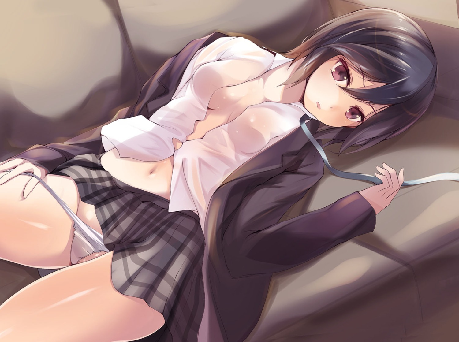 cleavage inaba_himeko kokoro_connect no_bra open_shirt pantsu panty_pull seifuku tsuzuri undressing