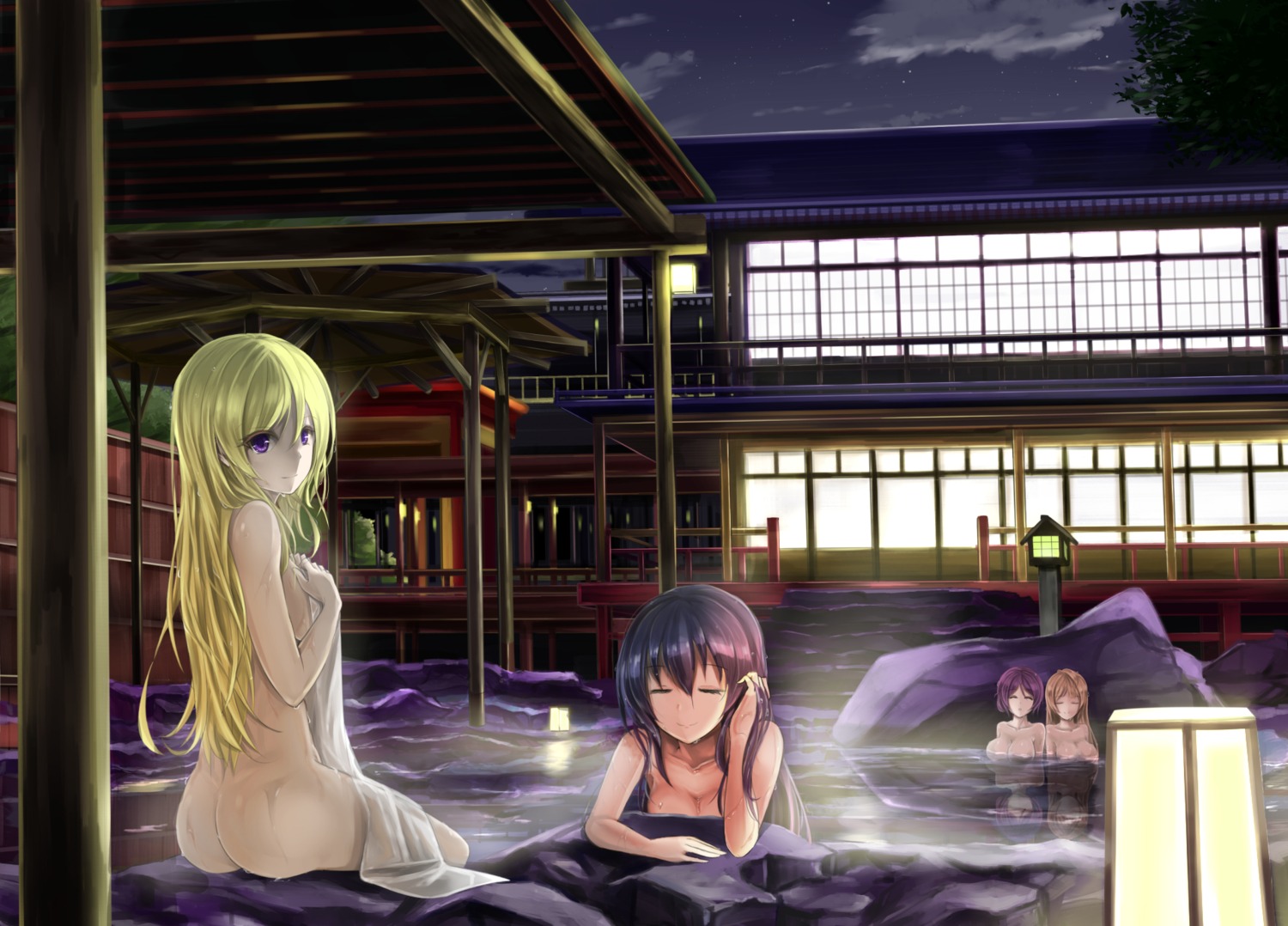 ass ayase_eli bathing breast_hold cleavage love_live! minami_kotori naked onsen orien sonoda_umi toujou_nozomi towel wet