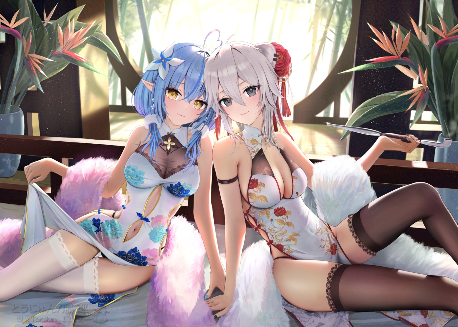 animal_ears chinadress hololive no_bra pointy_ears shishiro_botan thighhighs torjun_111 yukihana_lamy