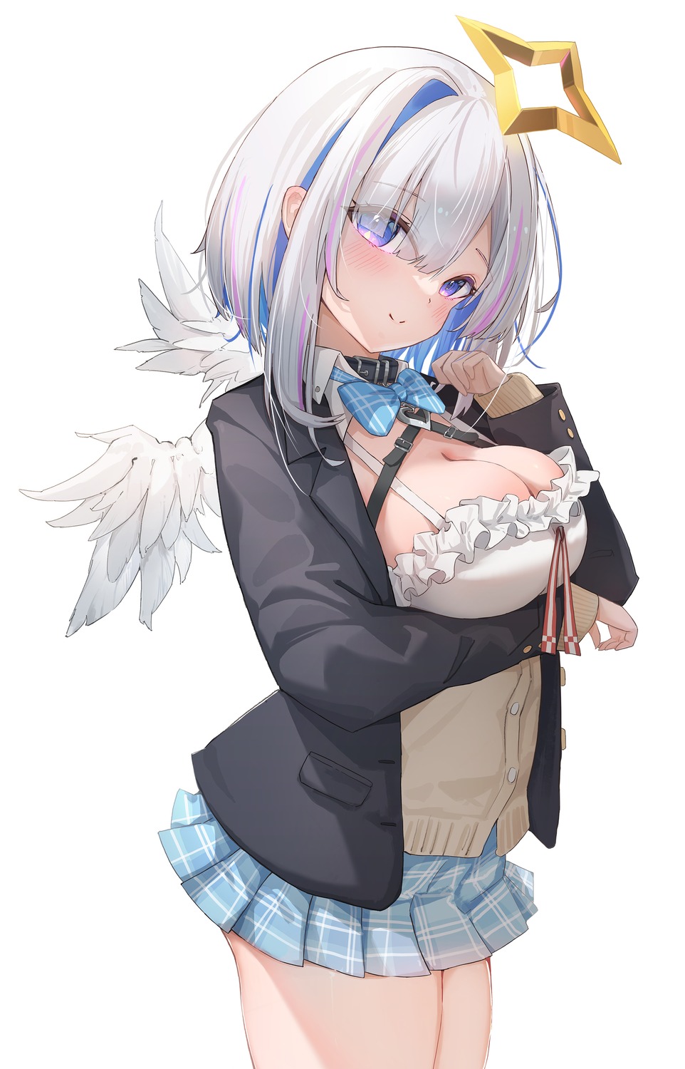 amane_kanata angel hololive juu_p no_bra seifuku sweater wings