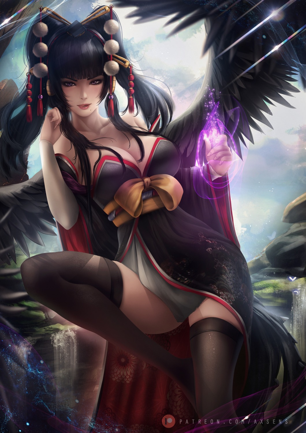 axsens cleavage dead_or_alive japanese_clothes no_bra nyotengu thighhighs wings