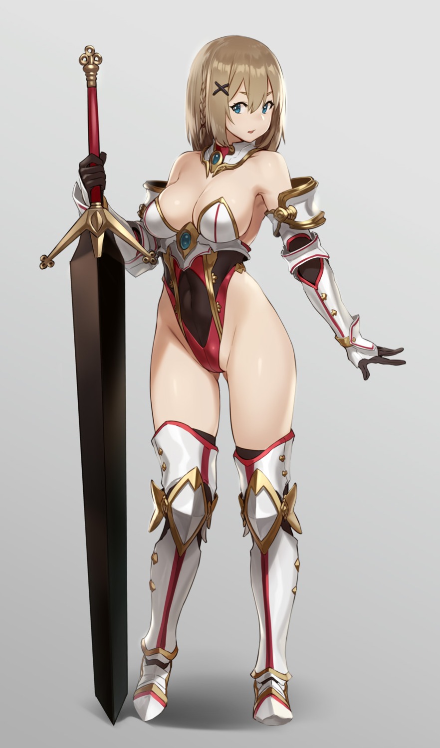 armor cleavage houtengeki leotard sword thighhighs