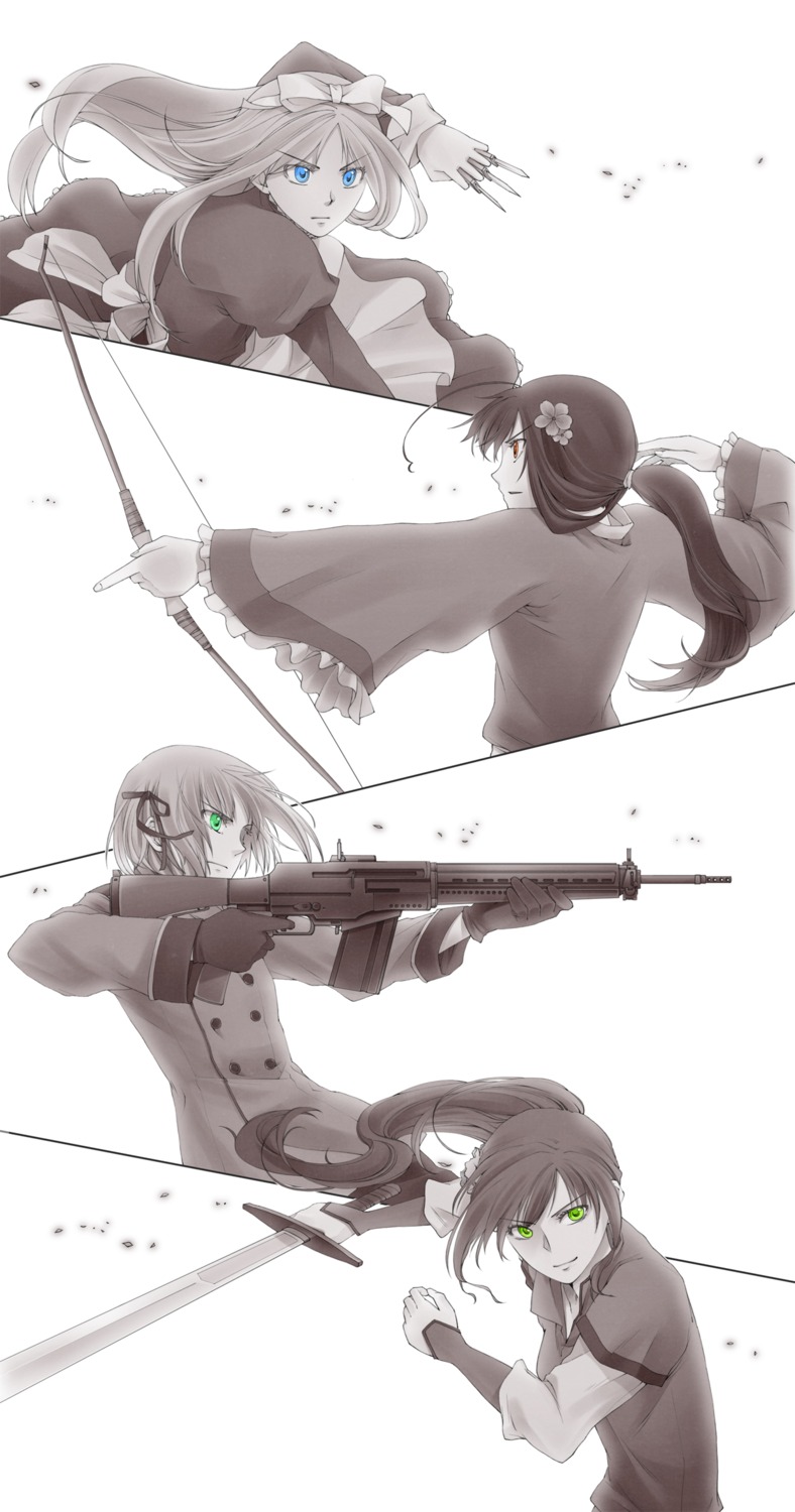 belarus chigu gun hetalia_axis_powers hungary liechtenstein monochrome sword taiwan