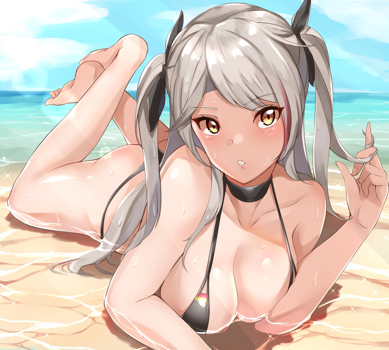 azur_lane bikini breast_hold haneramu prinz_eugen_(azur_lane) swimsuits wet