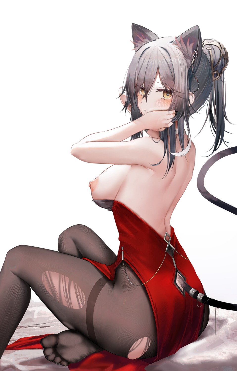 animal_ears arknights ass breasts dress feet nipples no_bra pantyhose ru_zhai schwarz_(arknights) tail torn_clothes