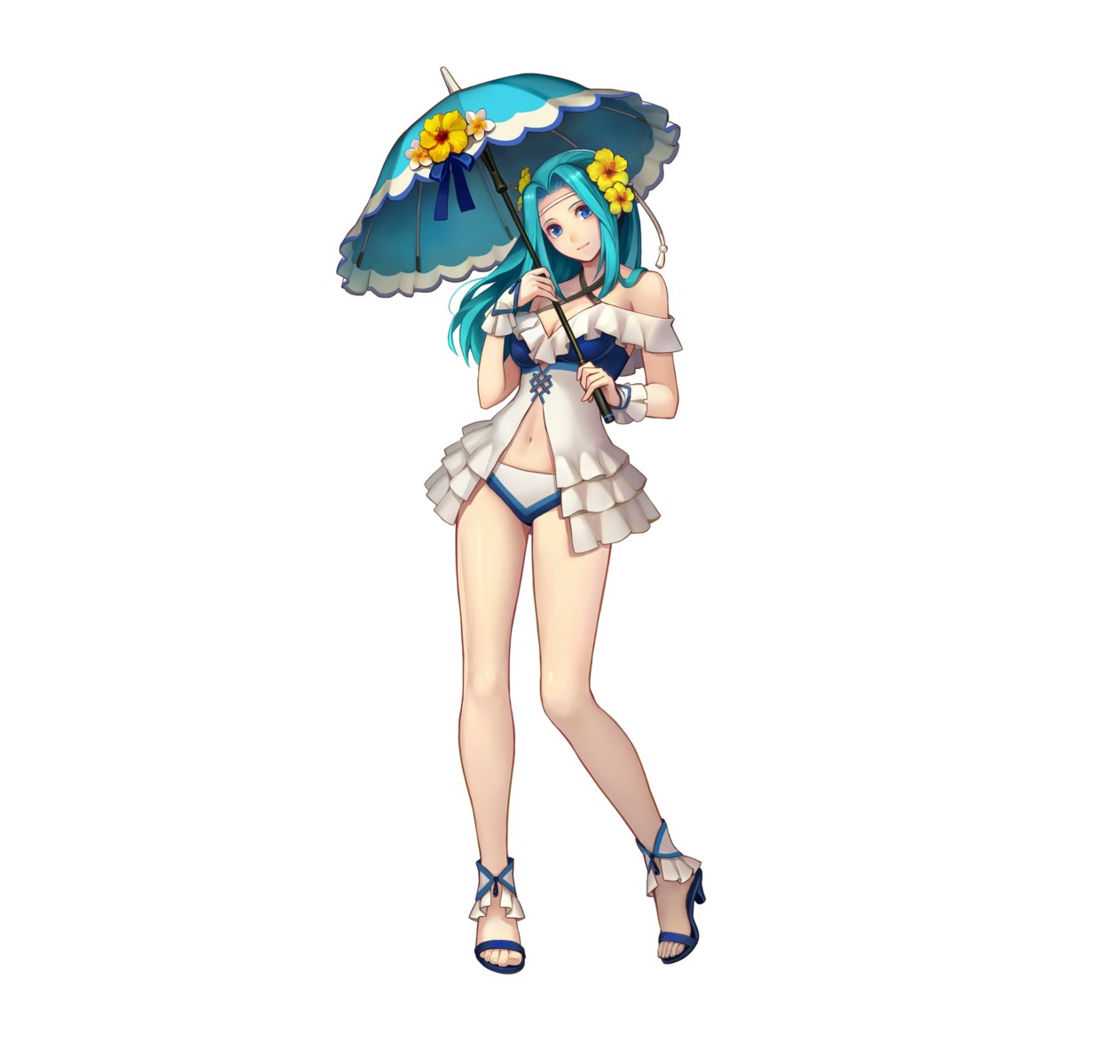 bikini cleavage fiora_(fire_emblem) fire_emblem fire_emblem:_rekka_no_ken fire_emblem_heroes heels konfuzi_kokon nintendo swimsuits umbrella