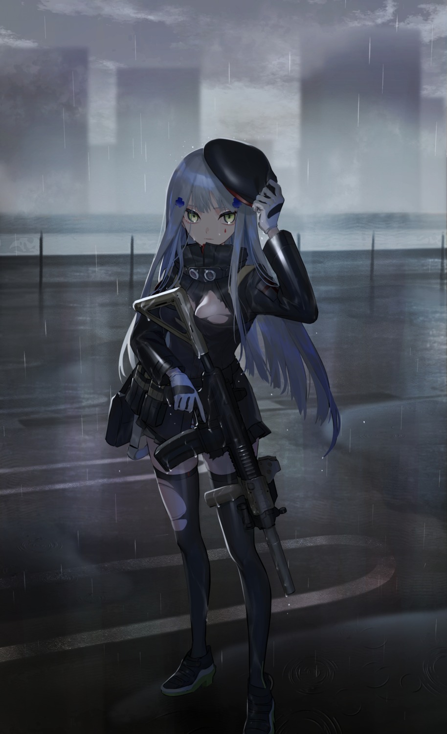 girls_frontline gun no_bra thighhighs torn_clothes wet