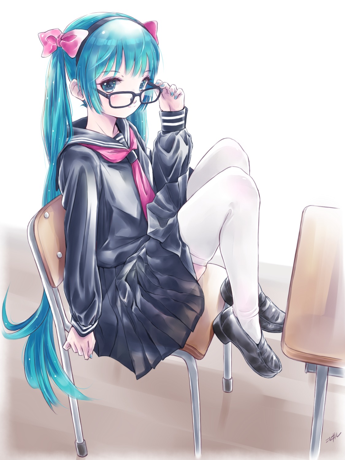 hatsune_miku kowiru megane see_through seifuku skirt_lift thighhighs vocaloid