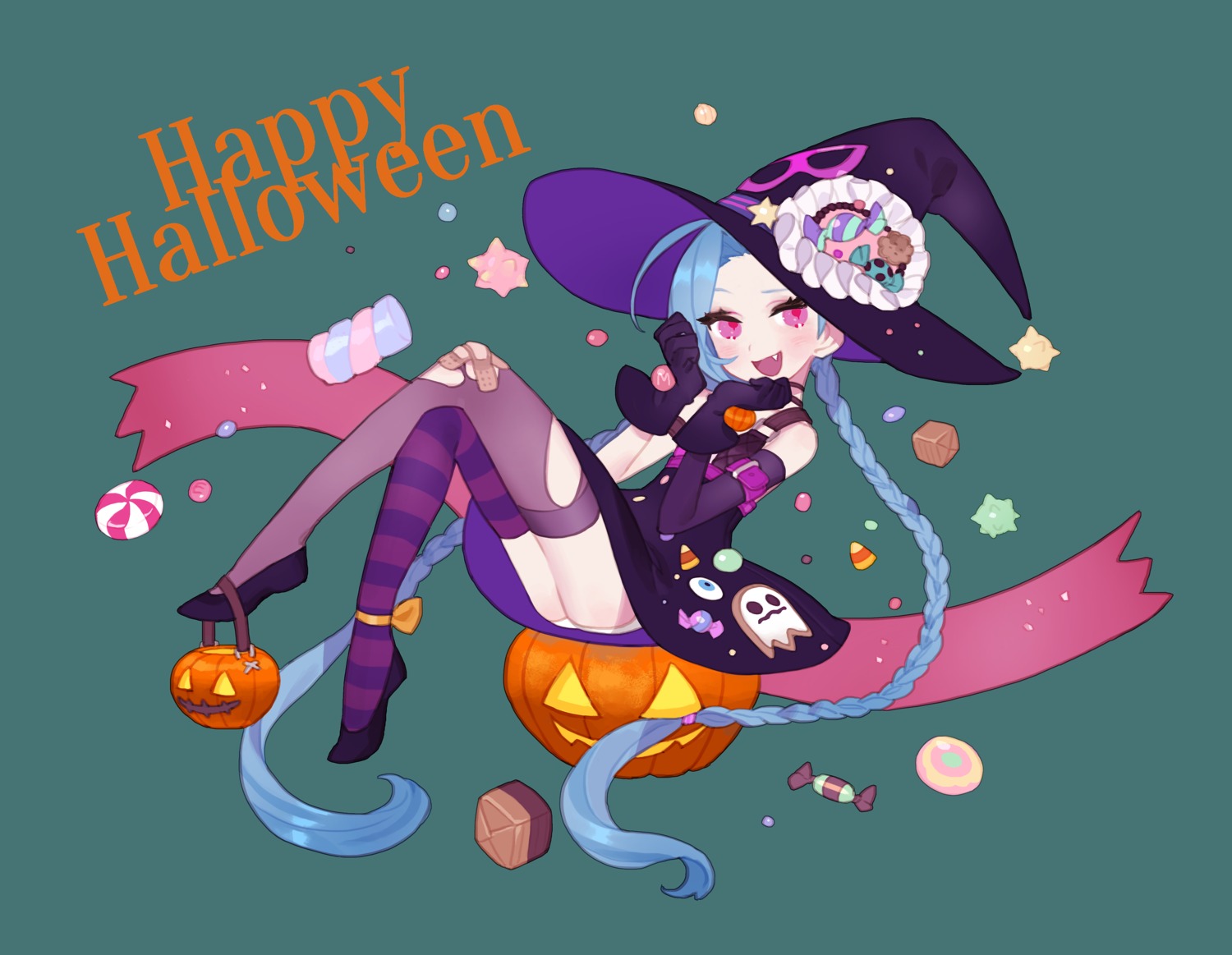 bandaid dress halloween jinx league_of_legends omyo pantsu thighhighs torn_clothes wings witch