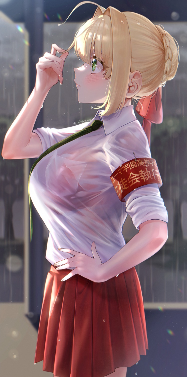 bra fate/grand_order saber_extra see_through seifuku wet wet_clothes yayoi_maka