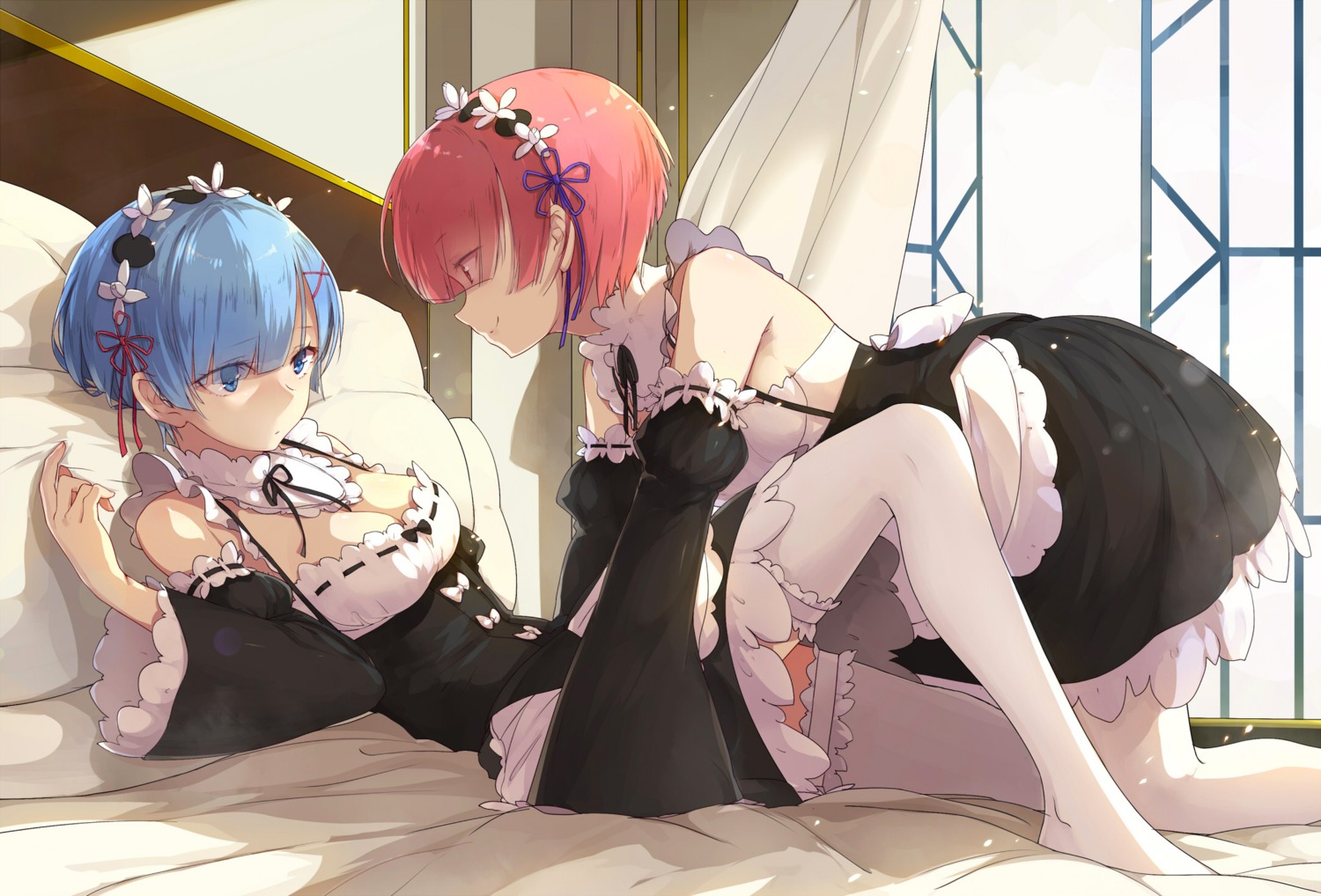 cleavage maid ram_(re_zero) re_zero_kara_hajimeru_isekai_seikatsu rem_(re_zero) smas thighhighs yuri