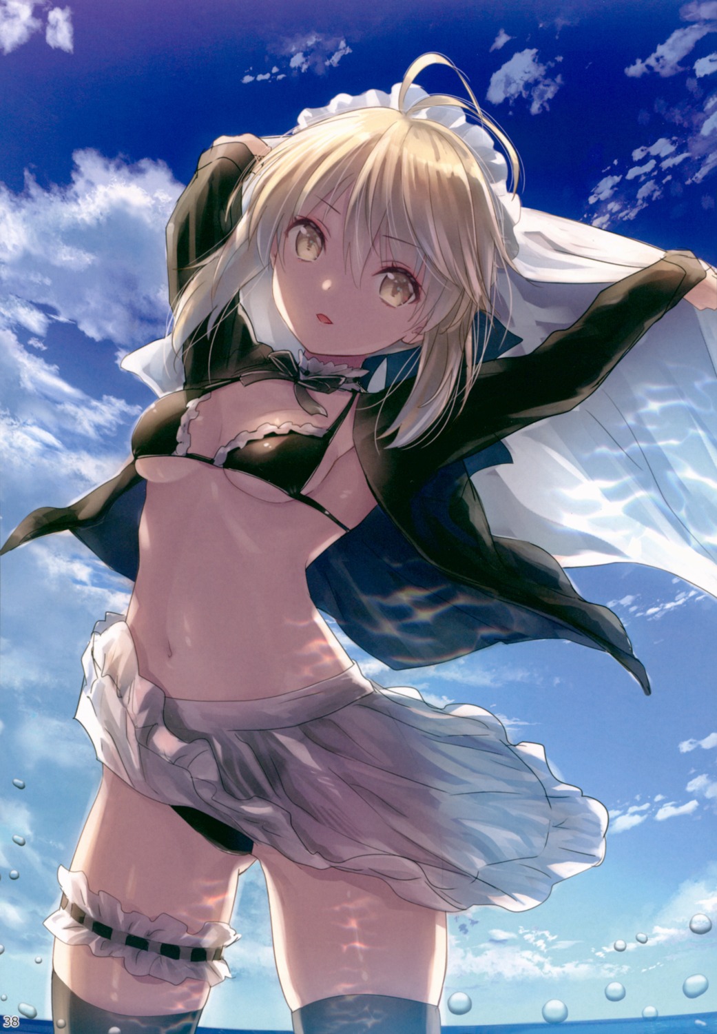 bikini cleavage fate/grand_order garter kamikire_basami maid open_shirt saber saber_alter see_through swimsuits thighhighs underboob yasuyuki