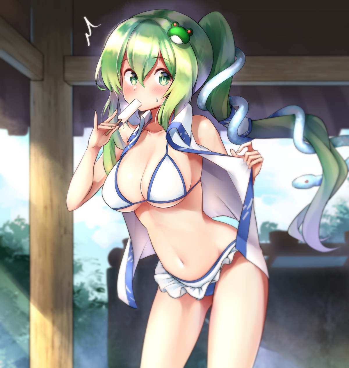 bikini kochiya_sanae kushidama_minaka open_shirt swimsuits touhou undressing