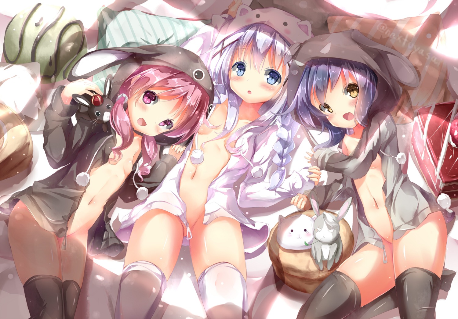 areola bottomless gochuumon_wa_usagi_desu_ka? jouga_maya kafuu_chino loli natsu_megumi no_bra open_shirt thighhighs tippy_(gochuumon_wa_usagi_desu_ka?) yonjyuugo