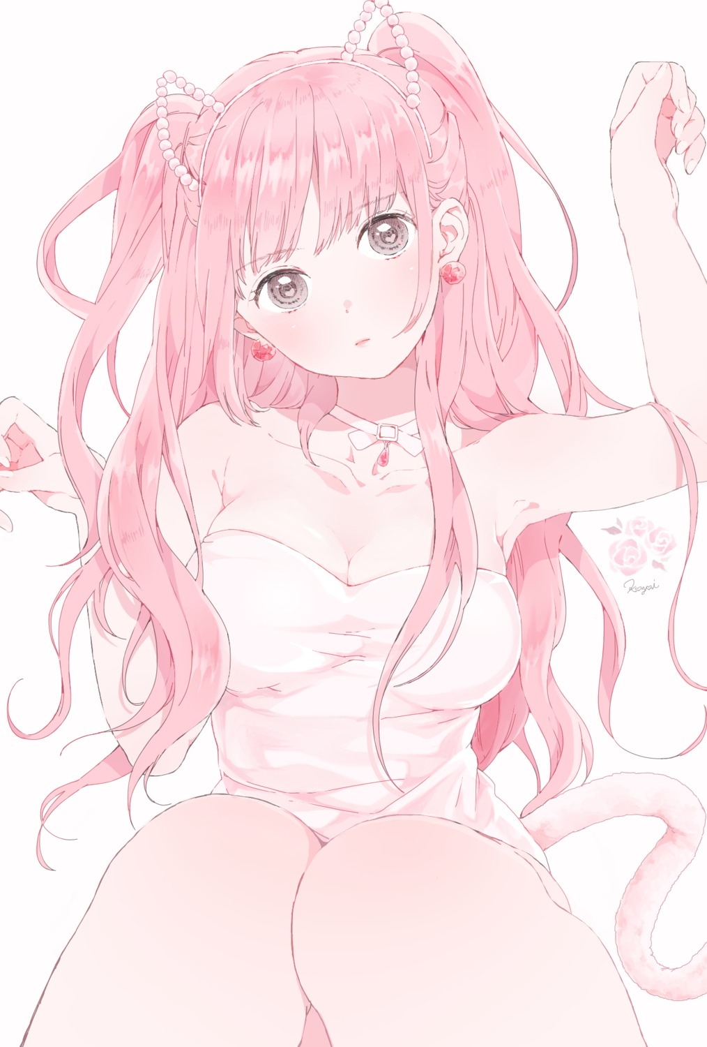 animal_ears cleavage dress nekomimi shizuko_(chipccchip) tail