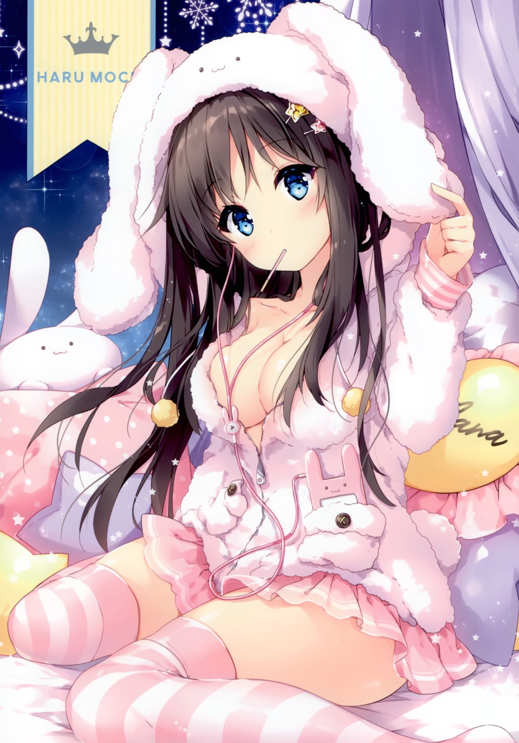 animal_ears bunny_ears cleavage mochizuki_shiina no_bra pajama thighhighs