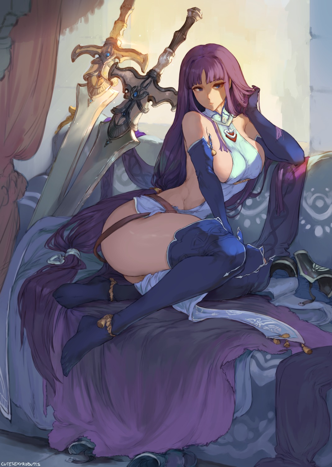 altina_(fire_emblem) cutesexyrobutts dress feet fire_emblem fire_emblem:_akatsuki_no_megami no_bra sword thighhighs