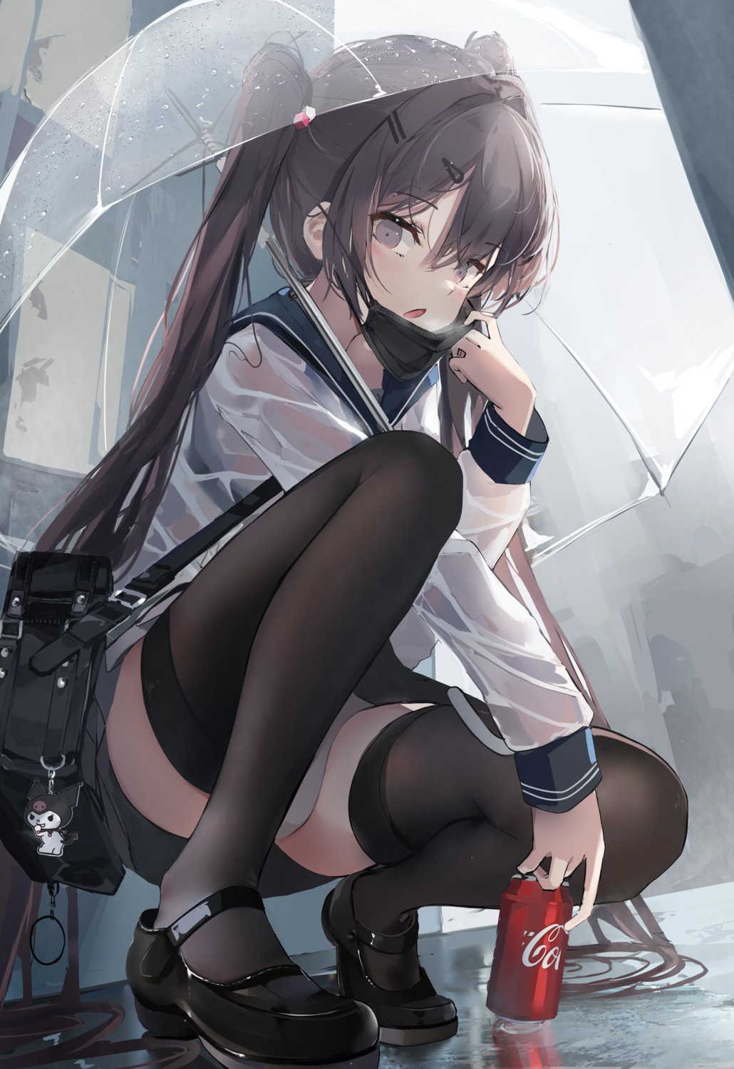 dleung pantsu see_through seifuku skirt_lift thighhighs umbrella wet_clothes