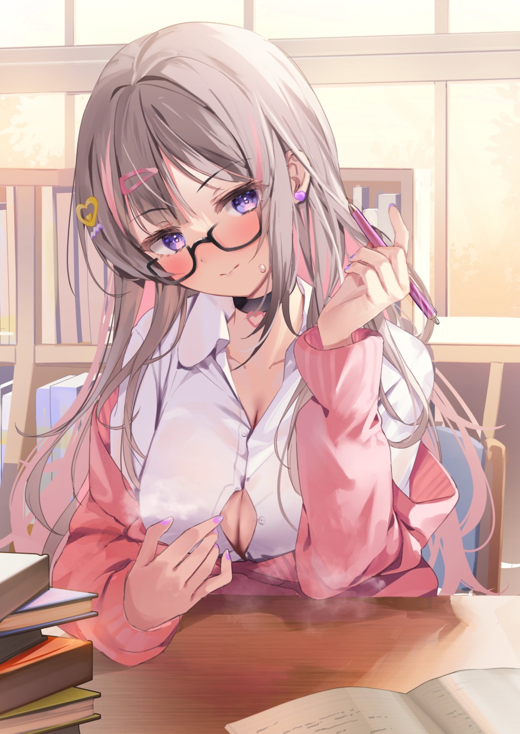 chiro_(norishiro_michiro) cleavage megane open_shirt see_through seifuku sweater undressing