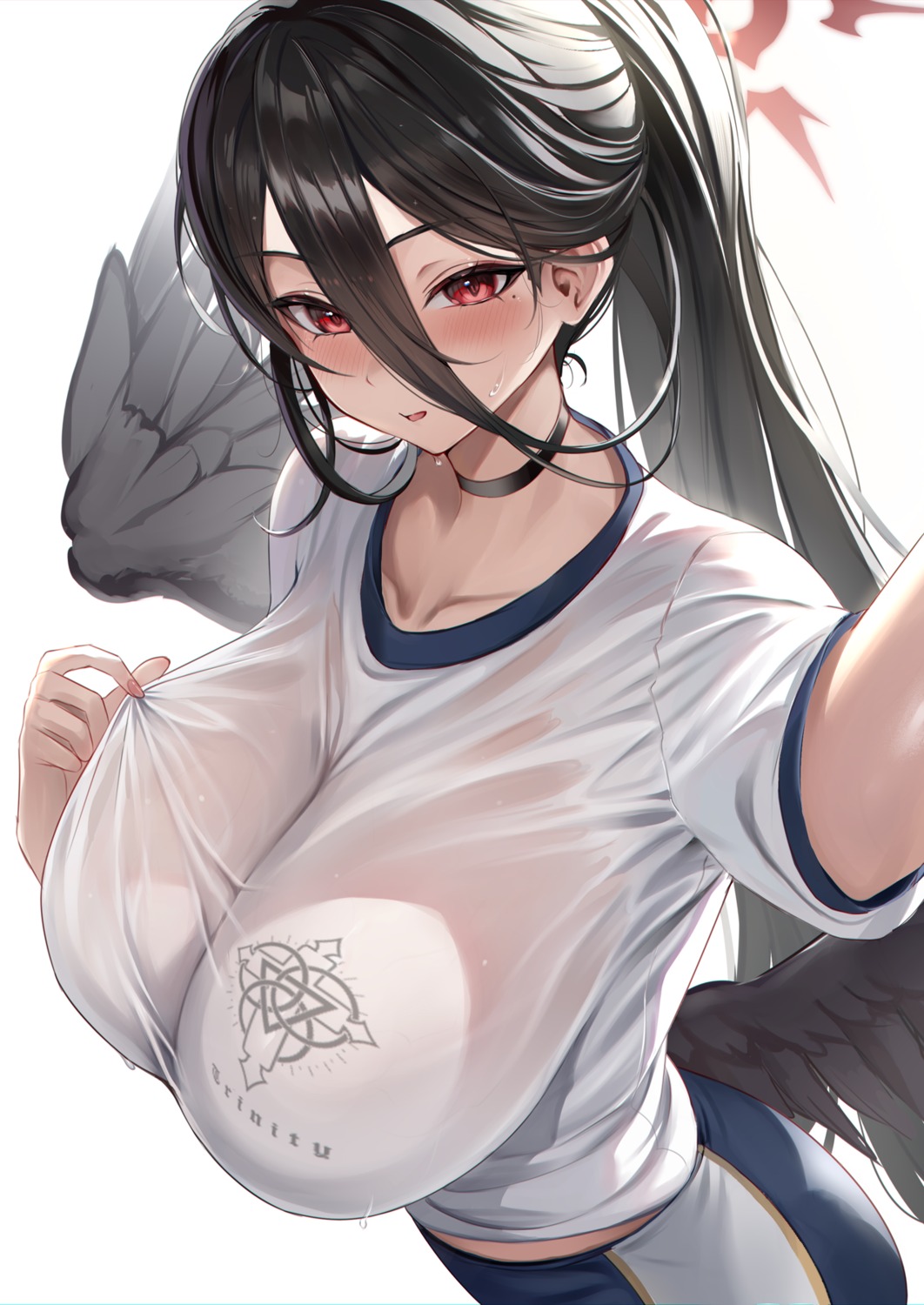 angel blue_archive gym_uniform hanekawa_hasumi see_through selfie stone_(ksorede) wet_clothes wings