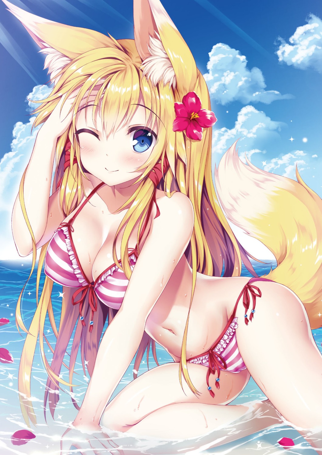 animal_ears bikini cameltoe cleavage kitsune swimsuits tail tateha wet