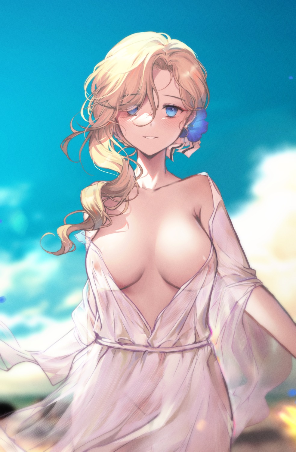 areola azur_lane dress hood_(azur_lane) moonlgnance no_bra nopan open_shirt see_through