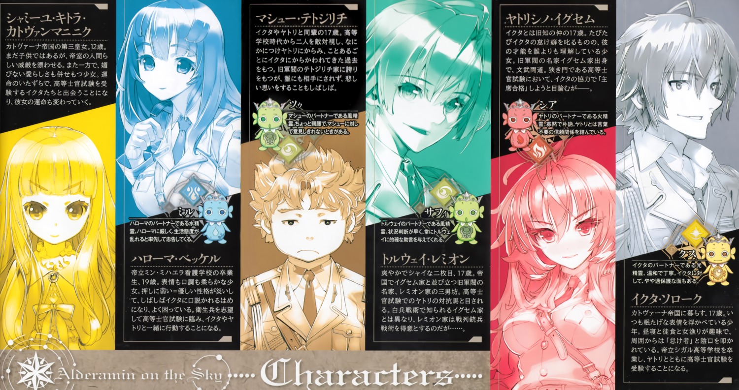 character_design harouma_becker ikuta_sorouku lolita_fashion matthew_tetojirichi monochrome profile_page sanbasou shamiyu_kitora_katovanmaninik tenkyou_no_alderamin torway_remion uniform yatorishino_xam