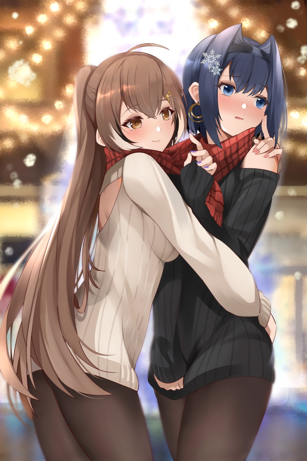 christmas dress hololive hololive_english kananote nanashi_mumei ouro_kronii pantyhose sweater yuri