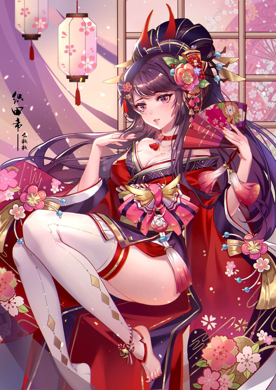 cleavage japanese_clothes melailai open_shirt sengoku_fubu thighhighs