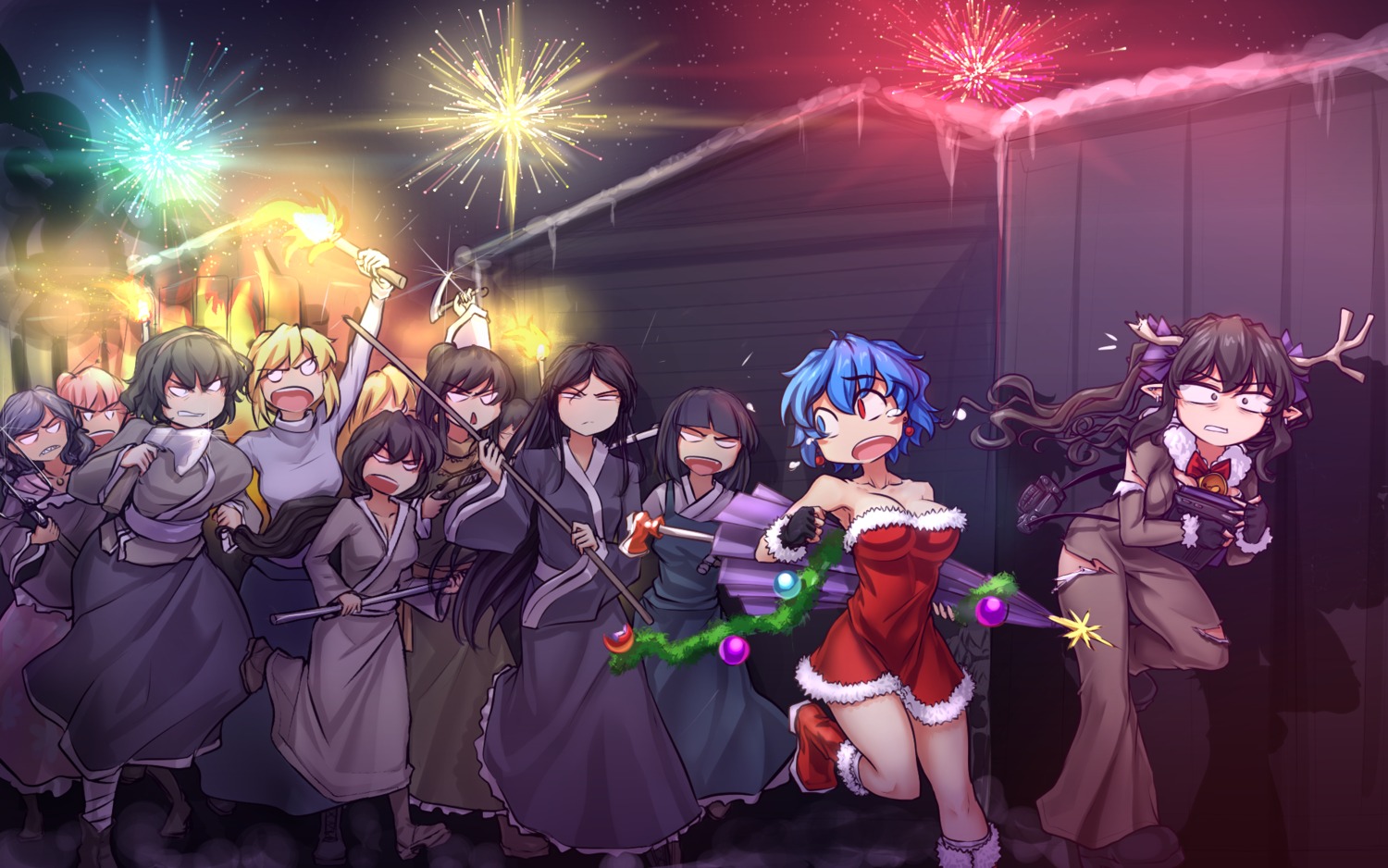 christmas dress hater_(artist) heterochromia horns japanese_clothes no_bra pointy_ears sweater torn_clothes touhou umbrella wallpaper weapon