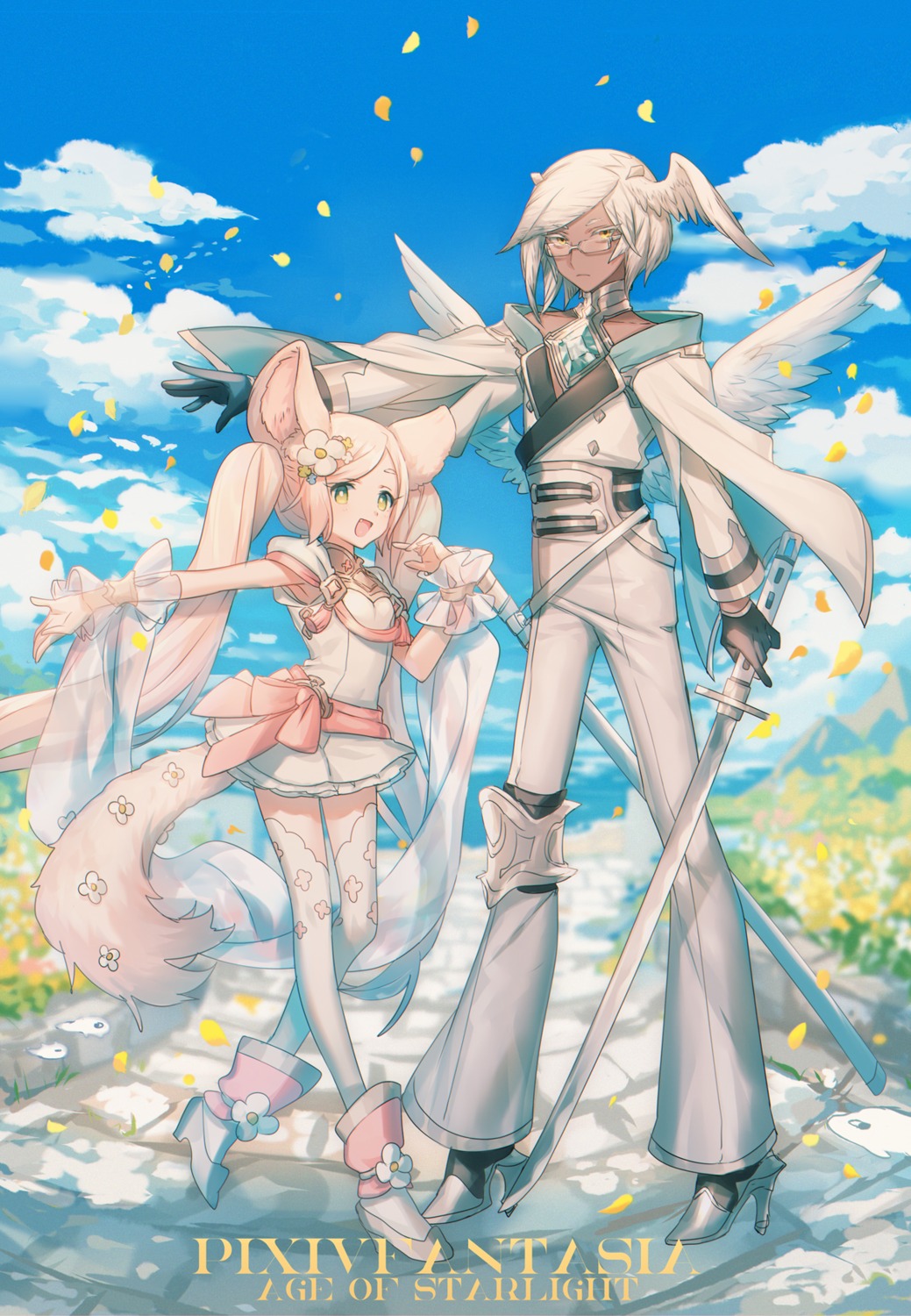 animal_ears armor asuda dress heels megane pixiv_fantasia_age_of_starlight sword tail thighhighs wings