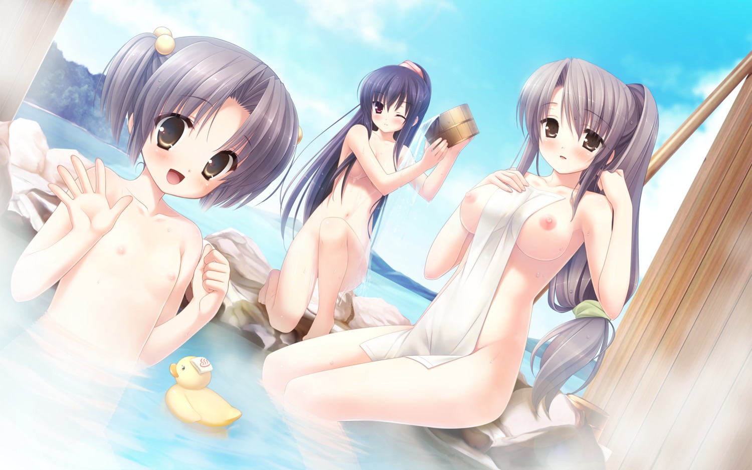 bathing cube kanekiyo_miwa loli naked natsu_no_ame nipples onsen segawa_rikako shinooka_misa shinooka_nene towel wallpaper wet