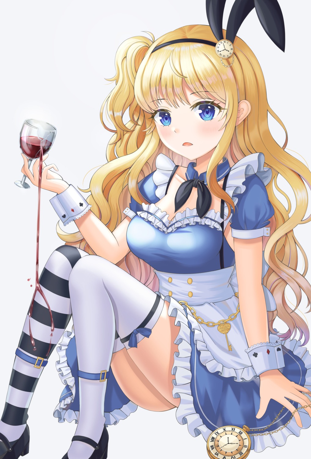 alice alice_in_wonderland cleavage skirt_lift thighhighs wol_(wol_927)