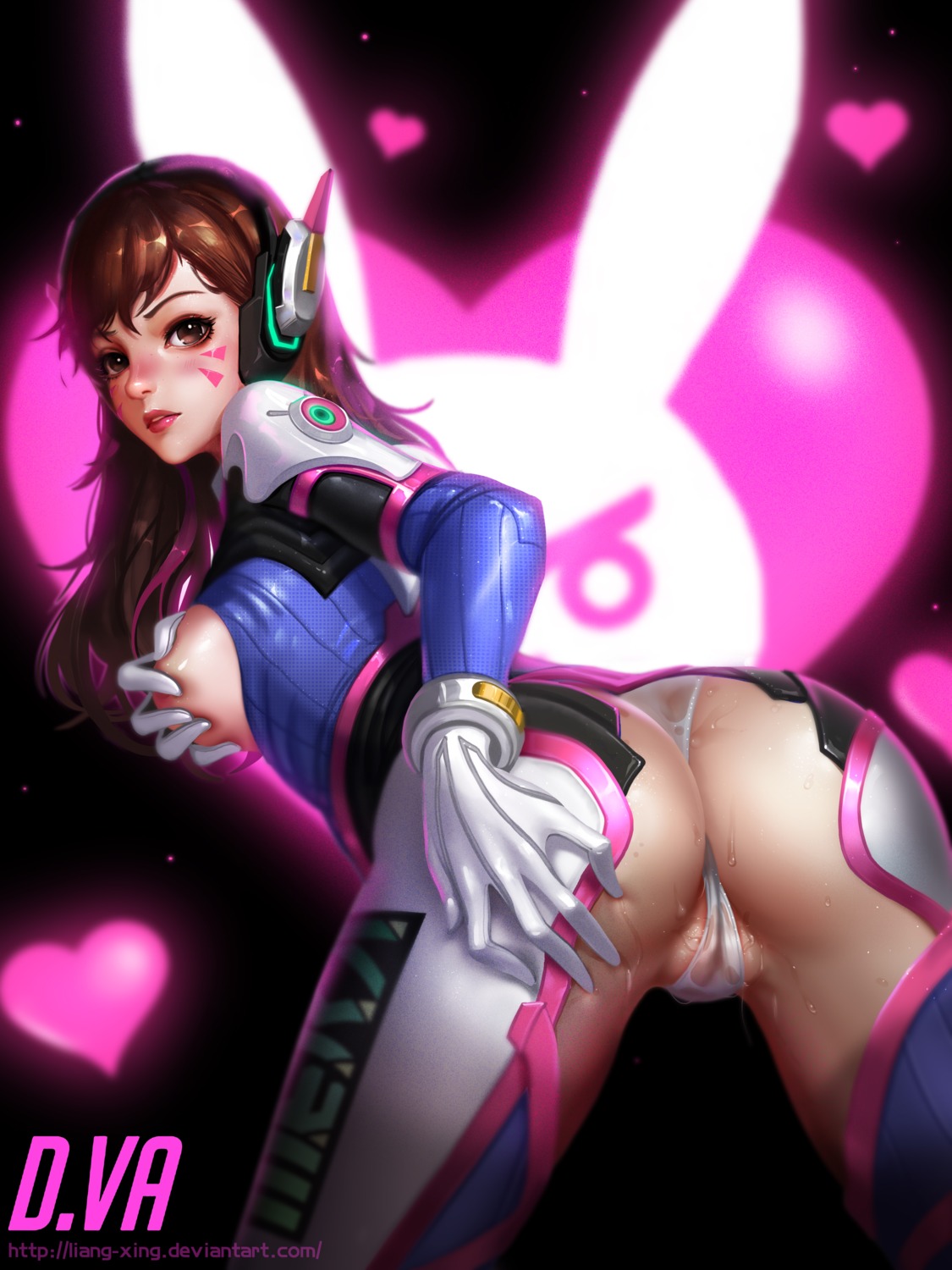 ass bodysuit breast_hold breasts cameltoe d.va headphones liang_xing nipples no_bra open_shirt overwatch pantsu tattoo thong wet