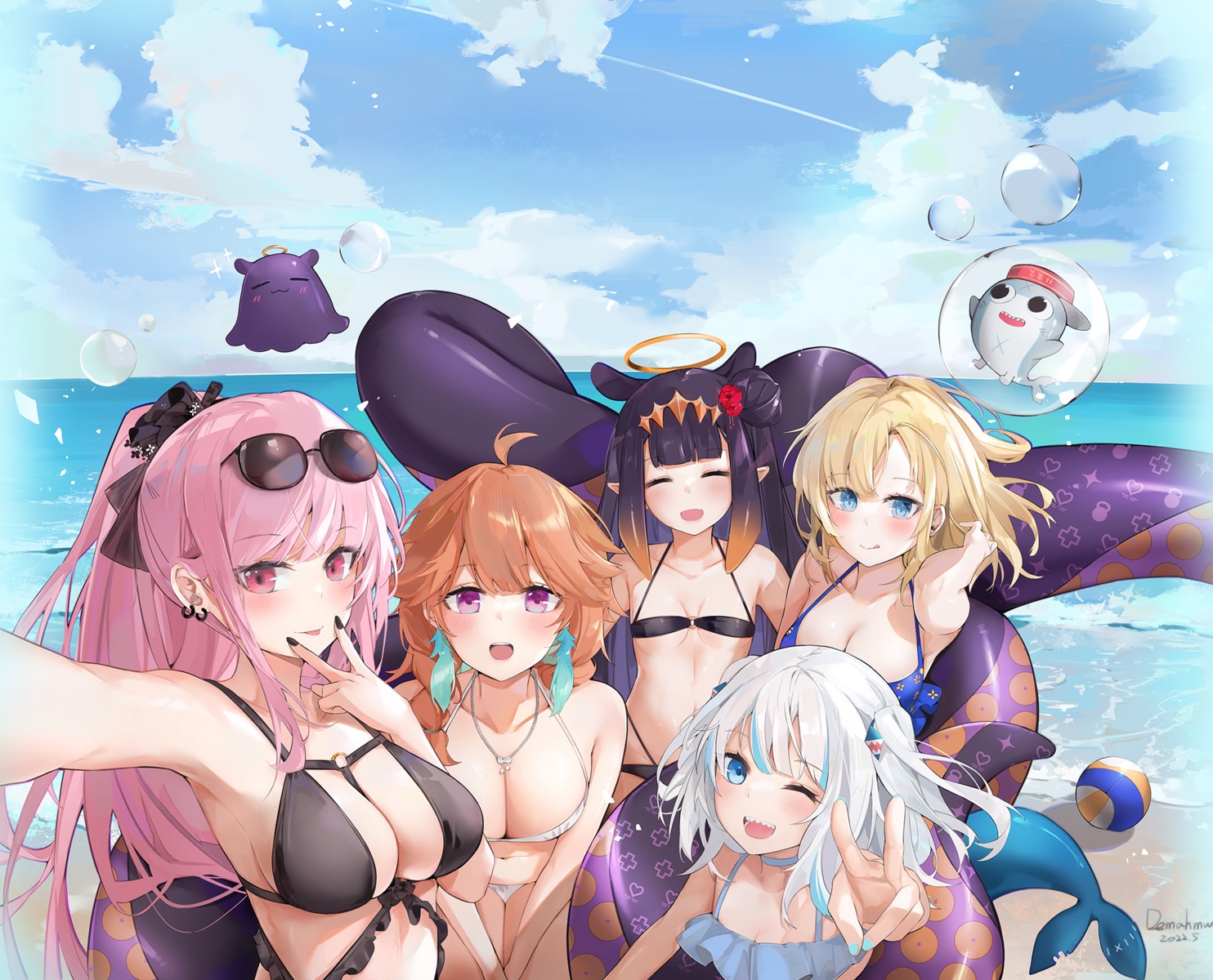 animal_ears bikini dema_hmw gawr_gura hololive hololive_english megane mori_calliope ninomae_ina'nis pointy_ears swimsuits tail takanashi_kiara tentacles watson_amelia