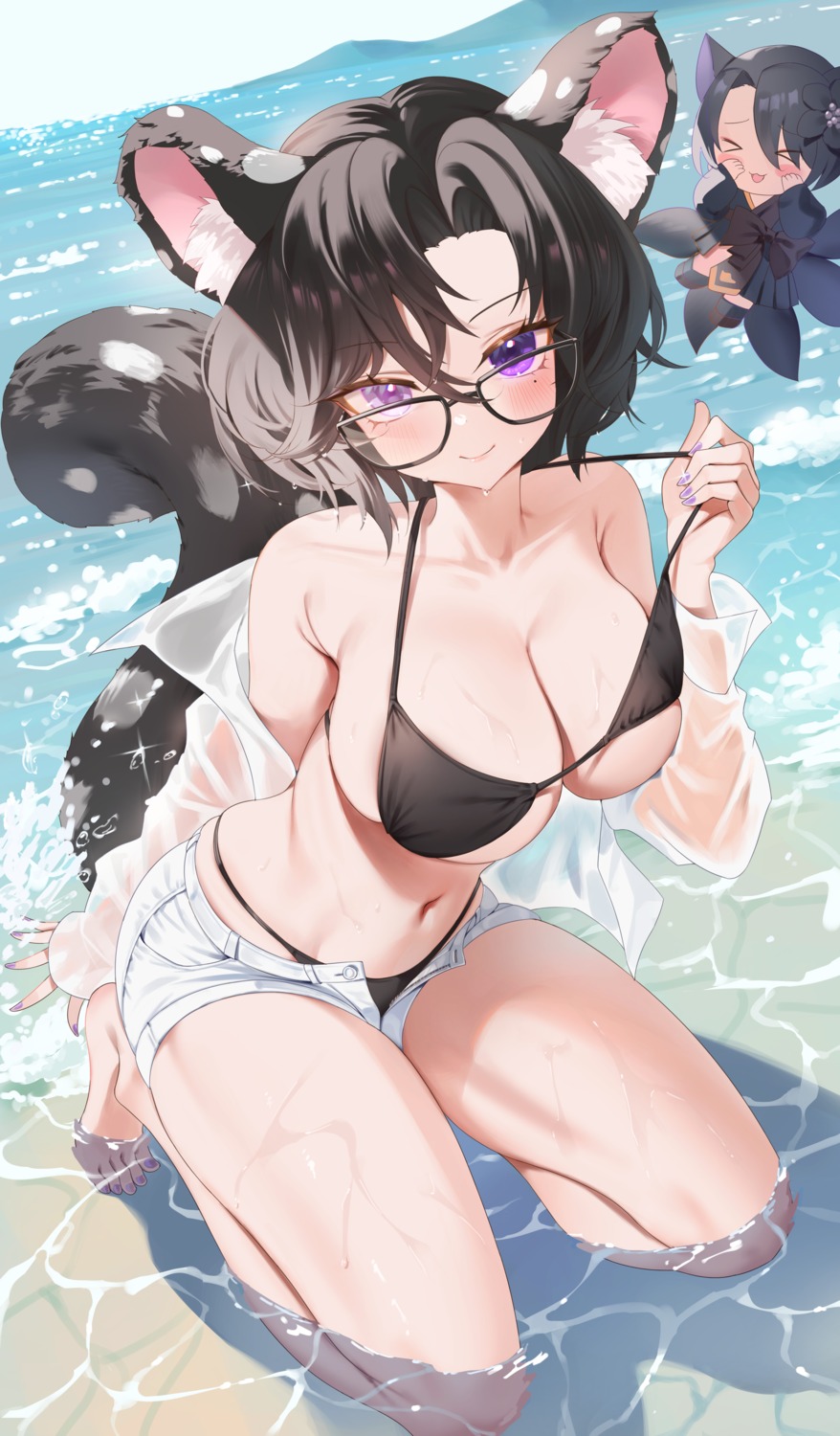 animal_ears bikini chibi japanese_clothes kitsune megane open_shirt see_through swimsuits tail wet wet_clothes zzo_(chorizzzzo)