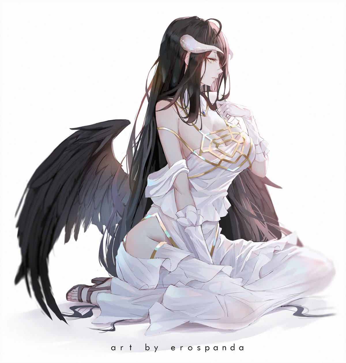 albedo_(overlord) cleavage dress erospanda horns no_bra overlord see_through wings