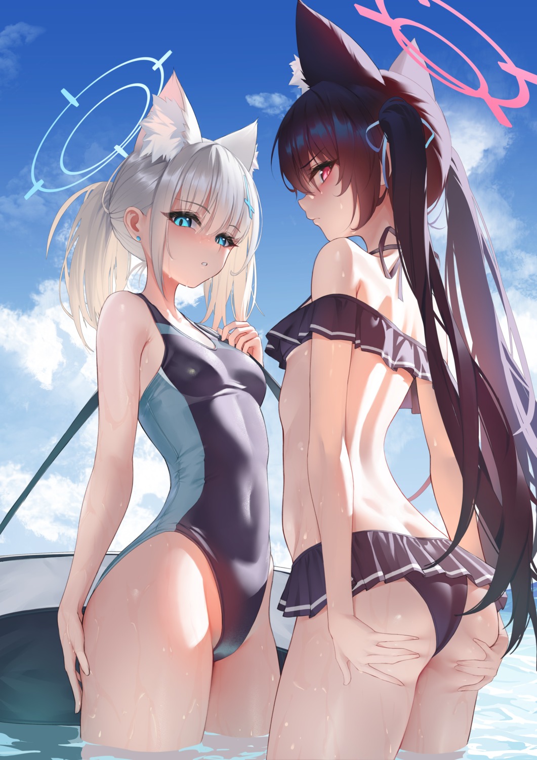 animal_ears ass bikini blue_archive halo iranon_(new_iranon) kuromi_serika nekomimi sunaookami_shiroko swimsuits wet