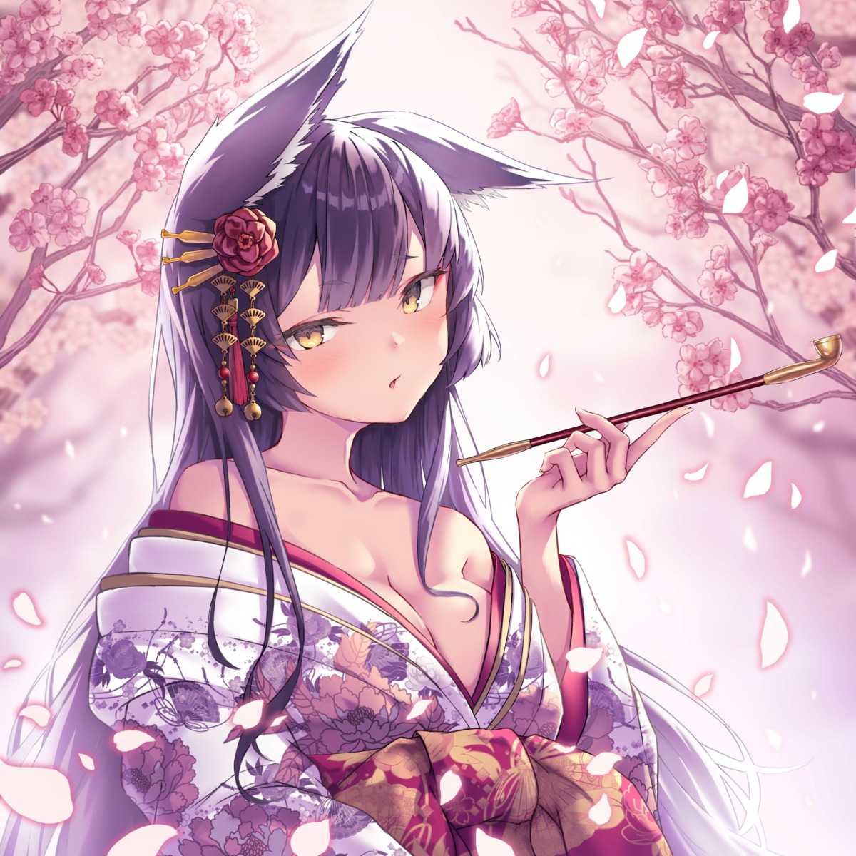 animal_ears kimono kitsune no_bra open_shirt ryuinu smoking