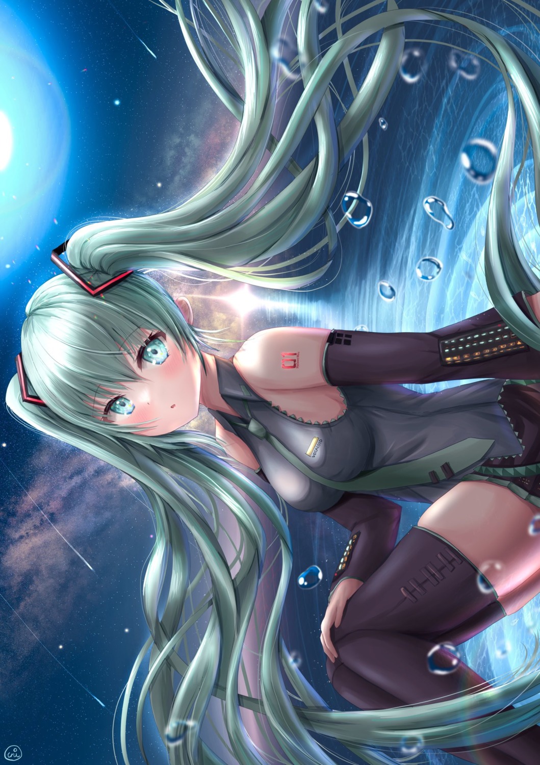 hatsune_miku skirt_lift tattoo thighhighs uni_ikura_(un1kura) vocaloid