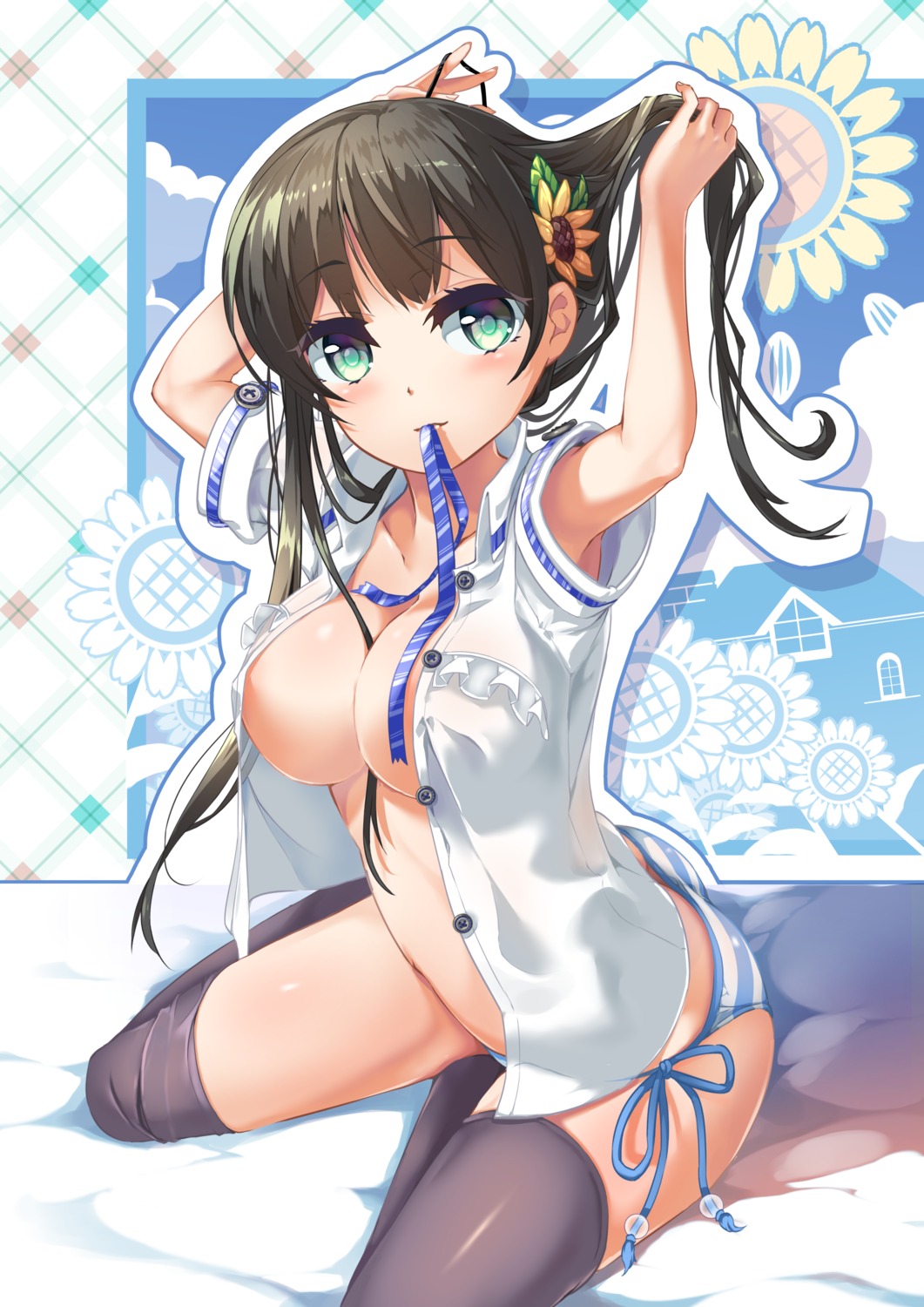 hellnyaa no_bra open_shirt pantsu shimapan string_panties thighhighs