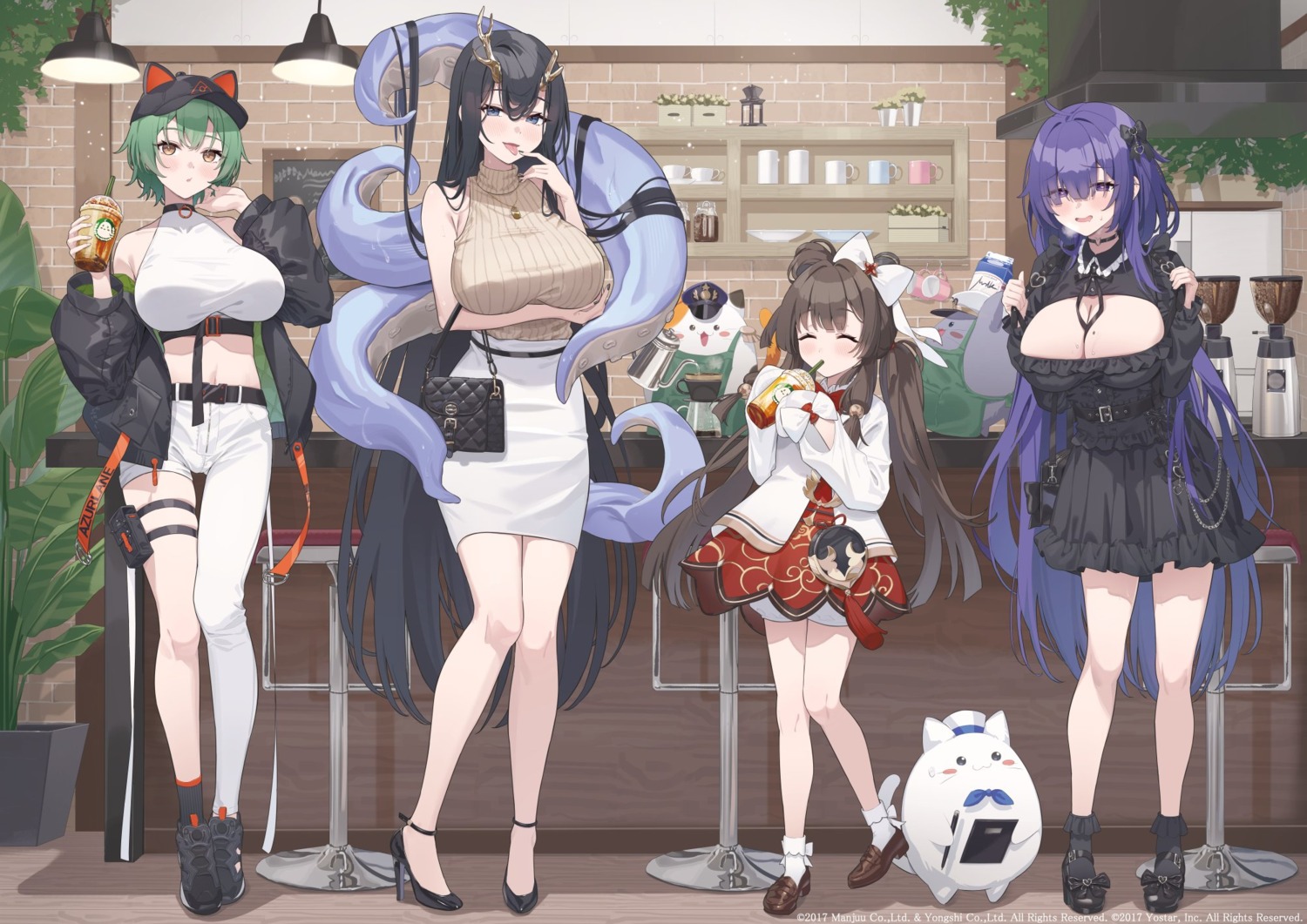 admiral_nakhimov_(azur_lane) animal_ears azur_lane bloomers dress garter golden_hind_(azur_lane) heels horns mogador_(azur_lane) neko nekomimi no_bra sg_(satoumogumogu) sweater tentacles zuihou_(azur_lane)