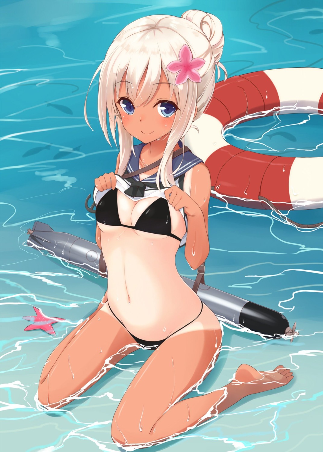 bikini cleavage kantai_collection ro-500 shirt_lift swimsuits takehana_note tan_lines underboob undressing wet