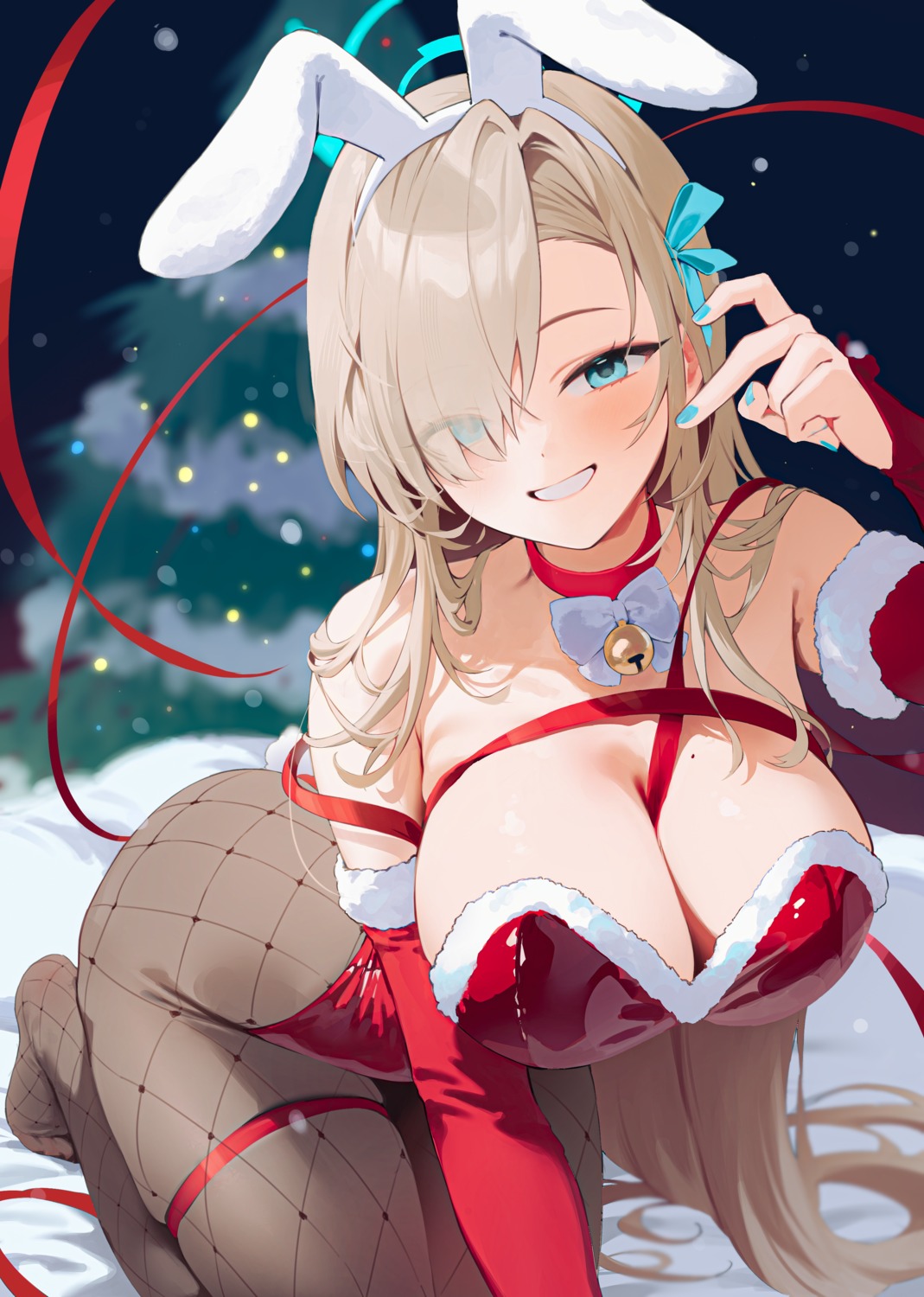 animal_ears blue_archive bunny_ears bunny_girl christmas fishnets garter halo ichinose_asuna no_bra pantyhose tail timy