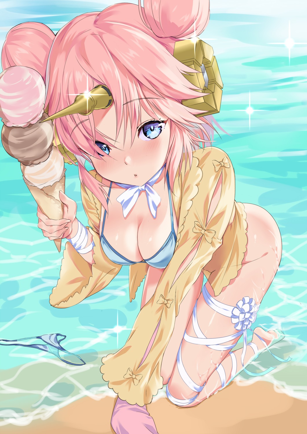 bikini_top bottomless chinpan cleavage fate/apocrypha fate/grand_order fate/stay_night frankenstein's_monster_(fate) horns open_shirt see_through swimsuits wet