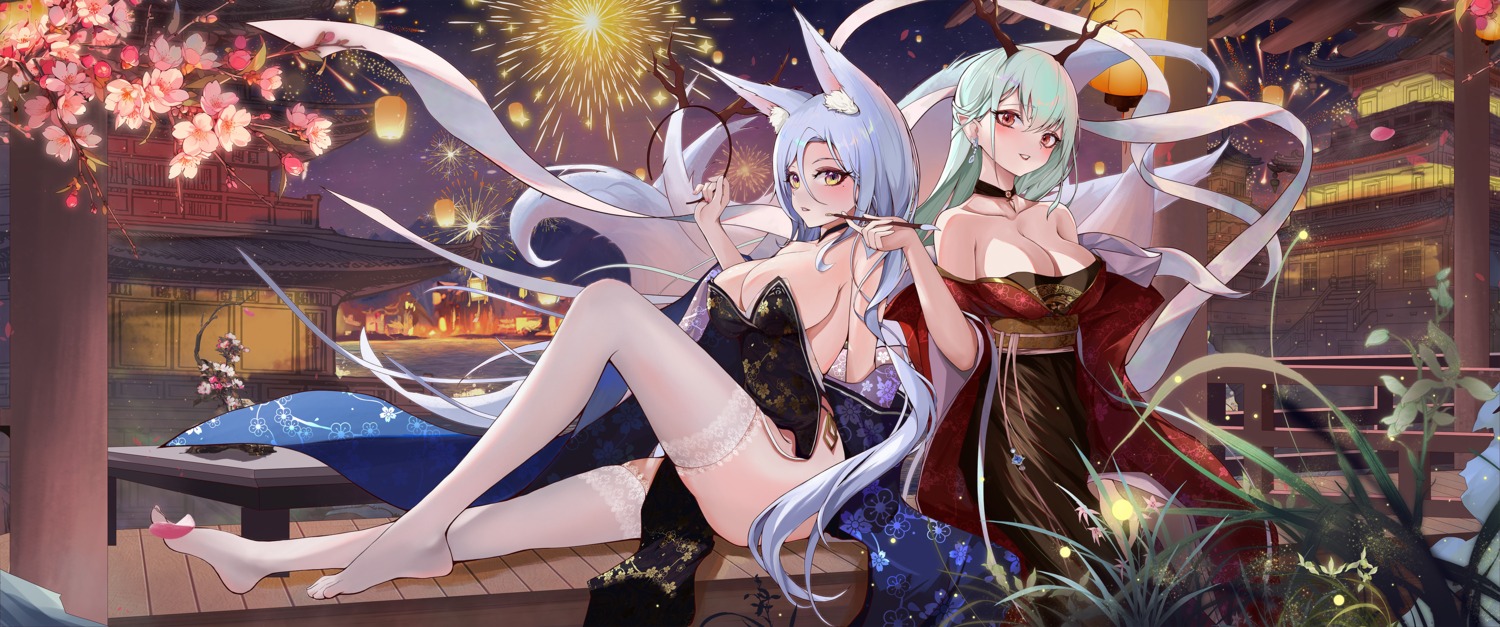 animal_ears horns japanese_clothes kitsune no_bra pointy_ears tail thighhighs xllycyer