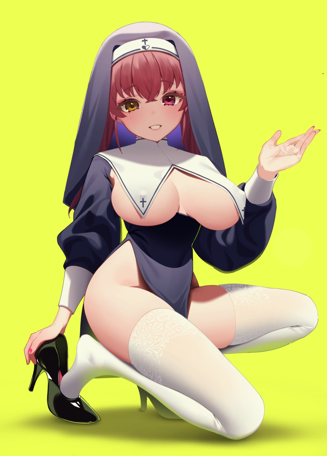 erect_nipples heels heterochromia hololive houshou_marine no_bra nopan nun prem_(user_htrd4732) thighhighs underboob