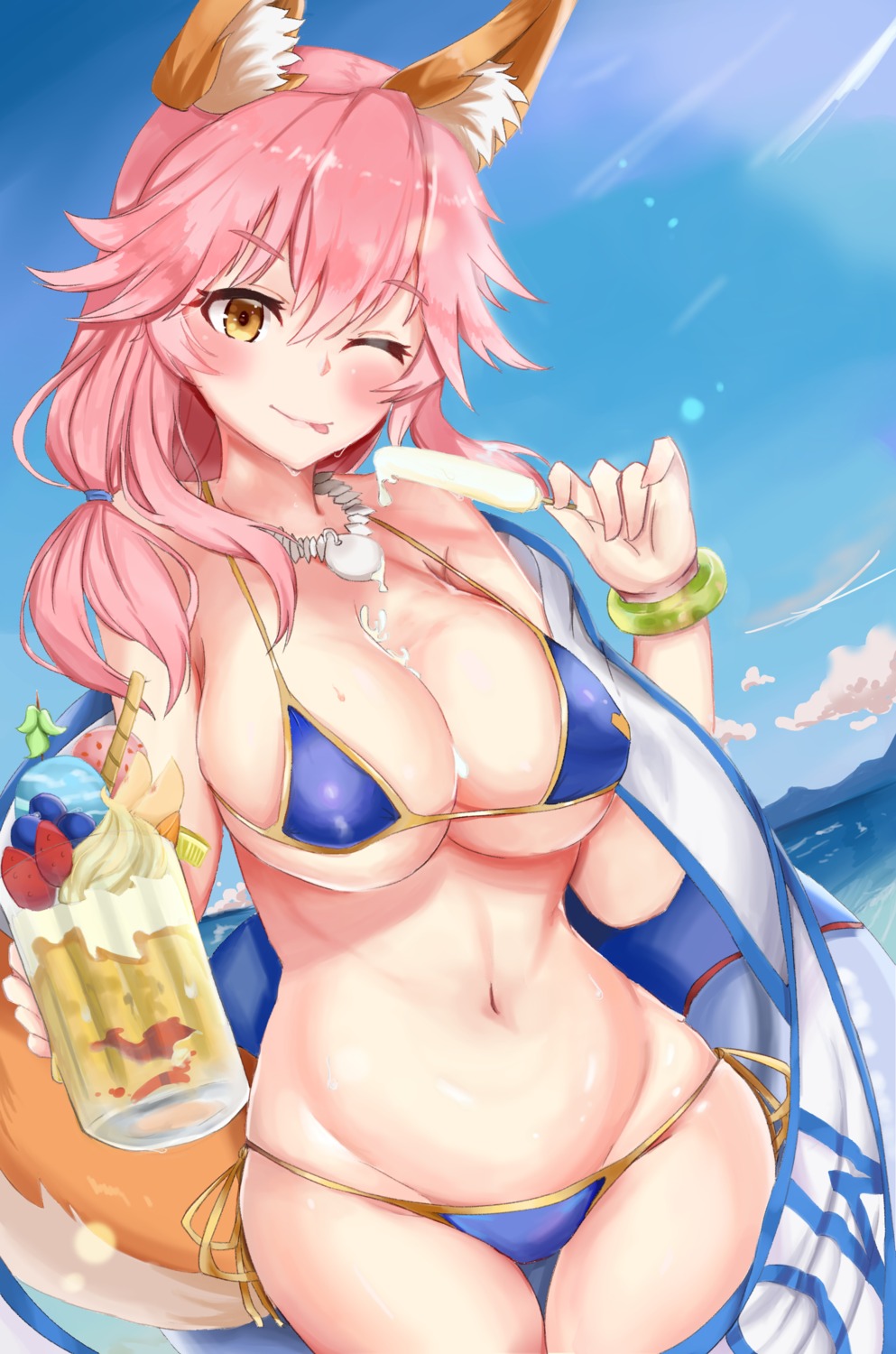 animal_ears bikini cleavage cream fate/grand_order kuro_(blackpgmickey) swimsuits tail tamamo_no_mae underboob