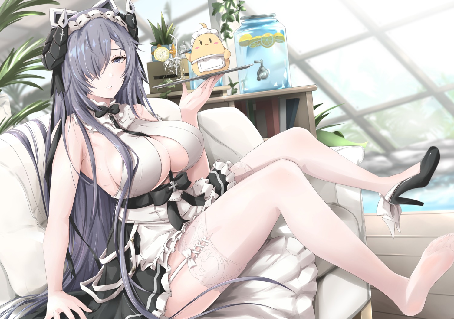 august_von_parseval_(azur_lane) azur_lane feet gudon_(iukhzl) heels horns maid manjuu_(azur_lane) no_bra stockings thighhighs waitress