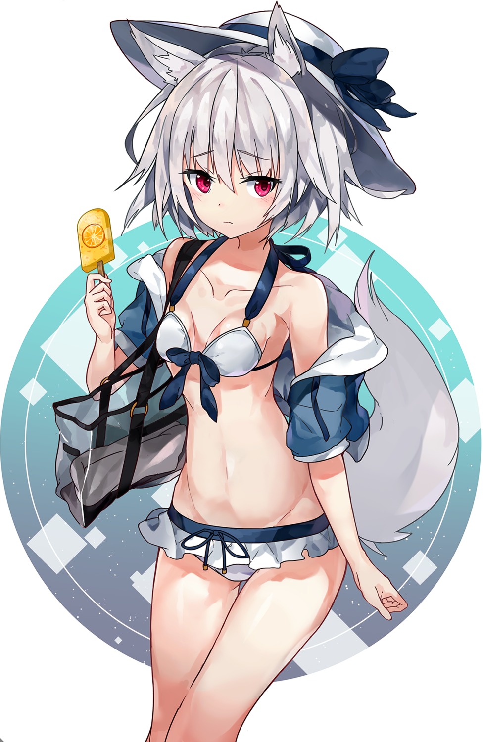 animal_ears bikini cleavage hide448 inubashiri_momiji open_shirt swimsuits tail touhou